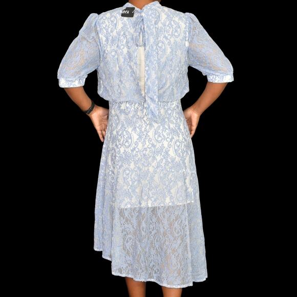 Kaimilan Lace Dress Purple Lilac Midi Short Sleeve Tie Neck Blouson Size Medium - Picture 2 of 16